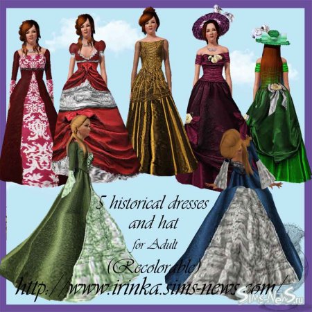 5 исторических платьев и шляпа для Sims 3